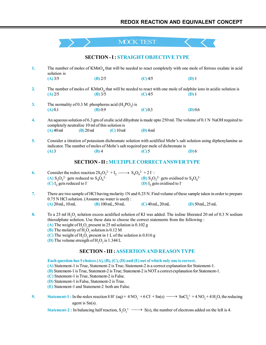 Redox Reaction and Equivalent Concept Mock Test - Page 1