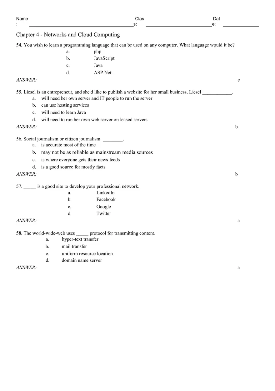 Chapter 4 - Networks and Cloud Computing Multiple Choice - Page 5