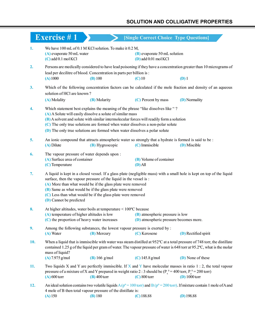 Solution and Colligative Properties Exercise # 1 - Page 1