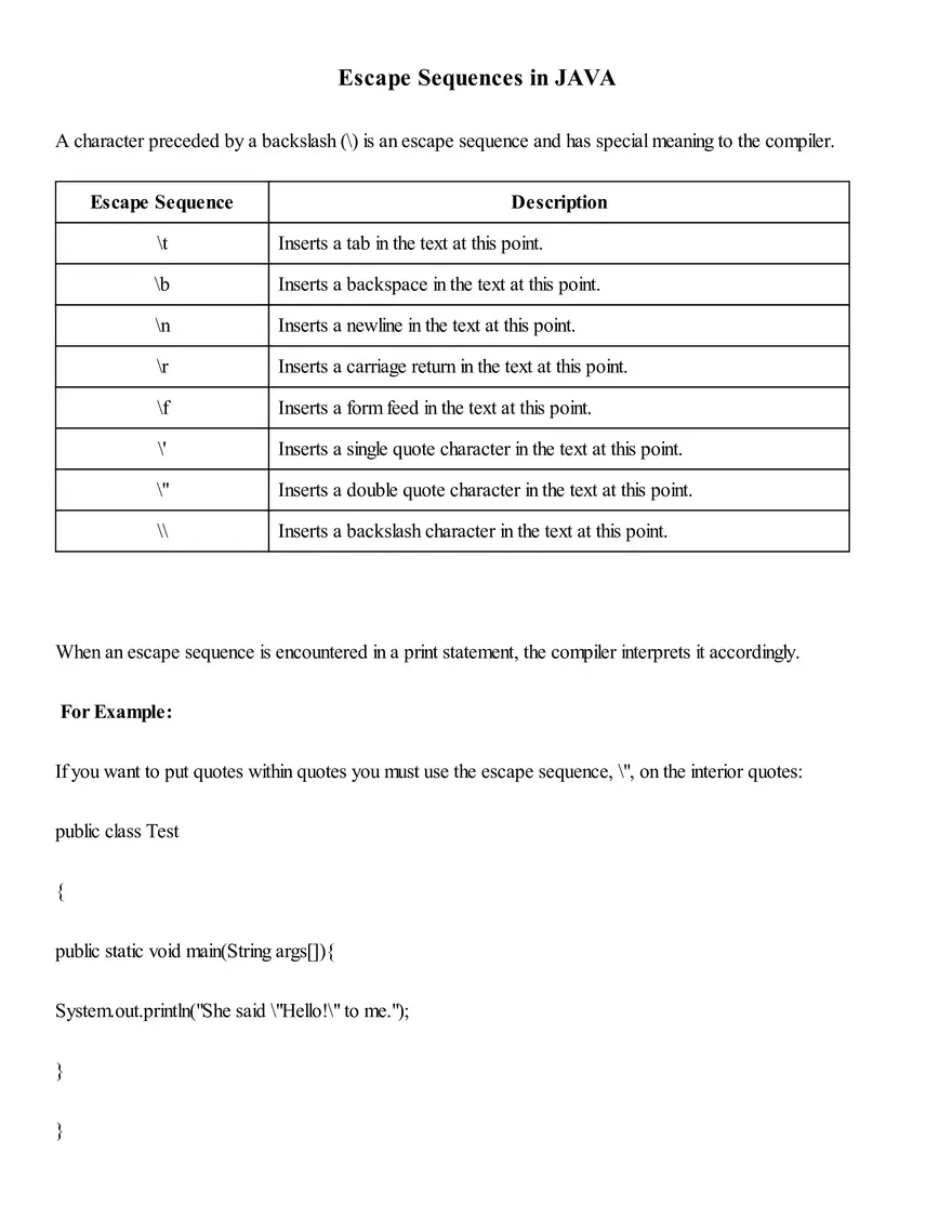 Escape Sequences in JAVA - Page 1