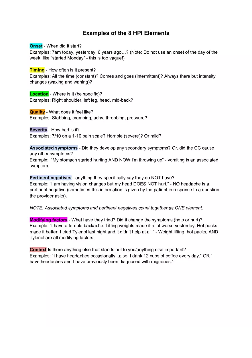 Examples of the 8 HPI Elements - Page 1