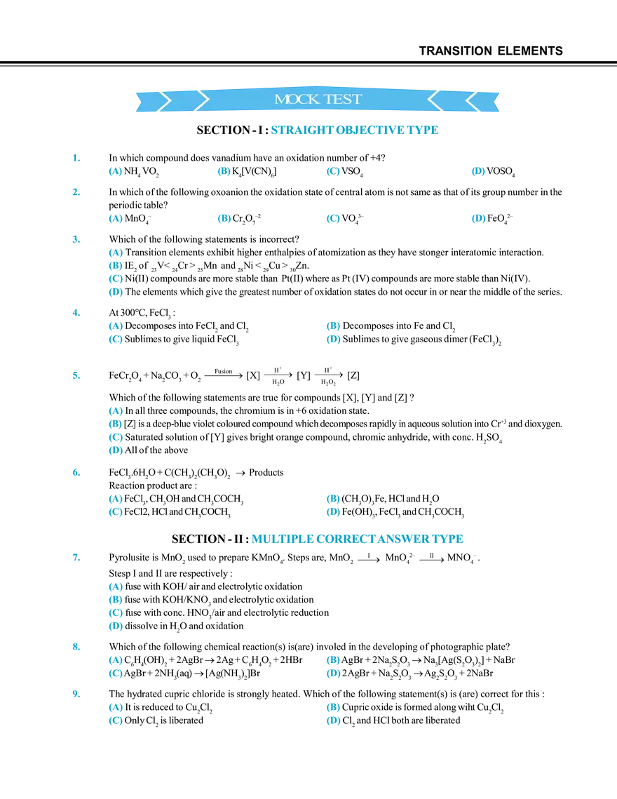 Transition Elements Mock Test - Page 1
