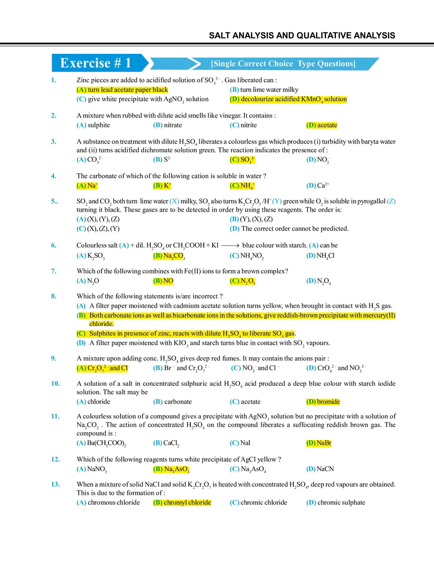 Salt Analysis and Qualitative Analysis  Exercise # 1 - Page 1
