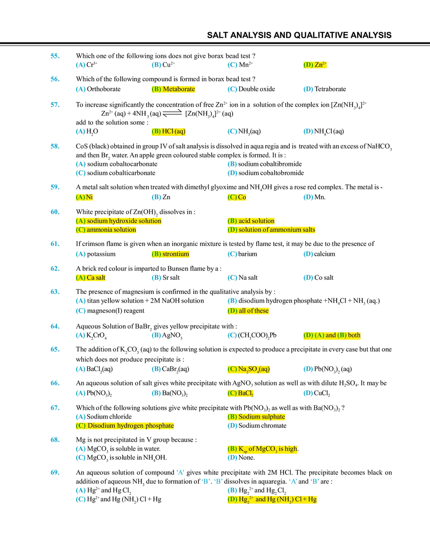 Salt Analysis and Qualitative Analysis  Exercise # 1 - Page 6