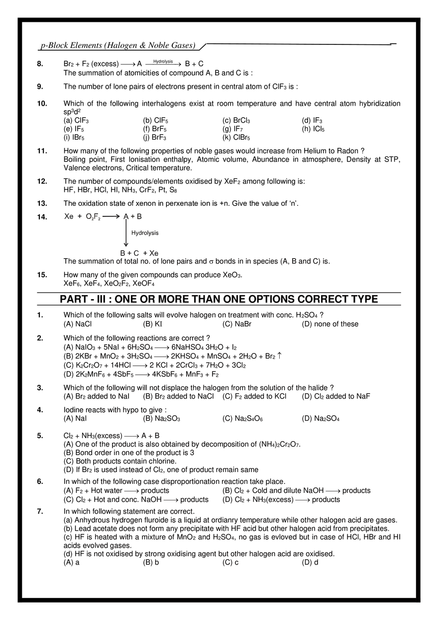 p-Block Elements (Halogen & Noble Gases) Exercises - Page 18