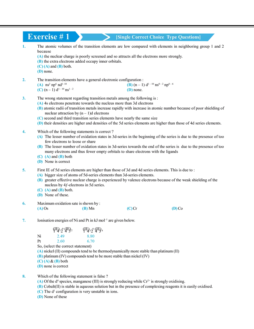 Transition Elements Exercise # 1 - Page 1