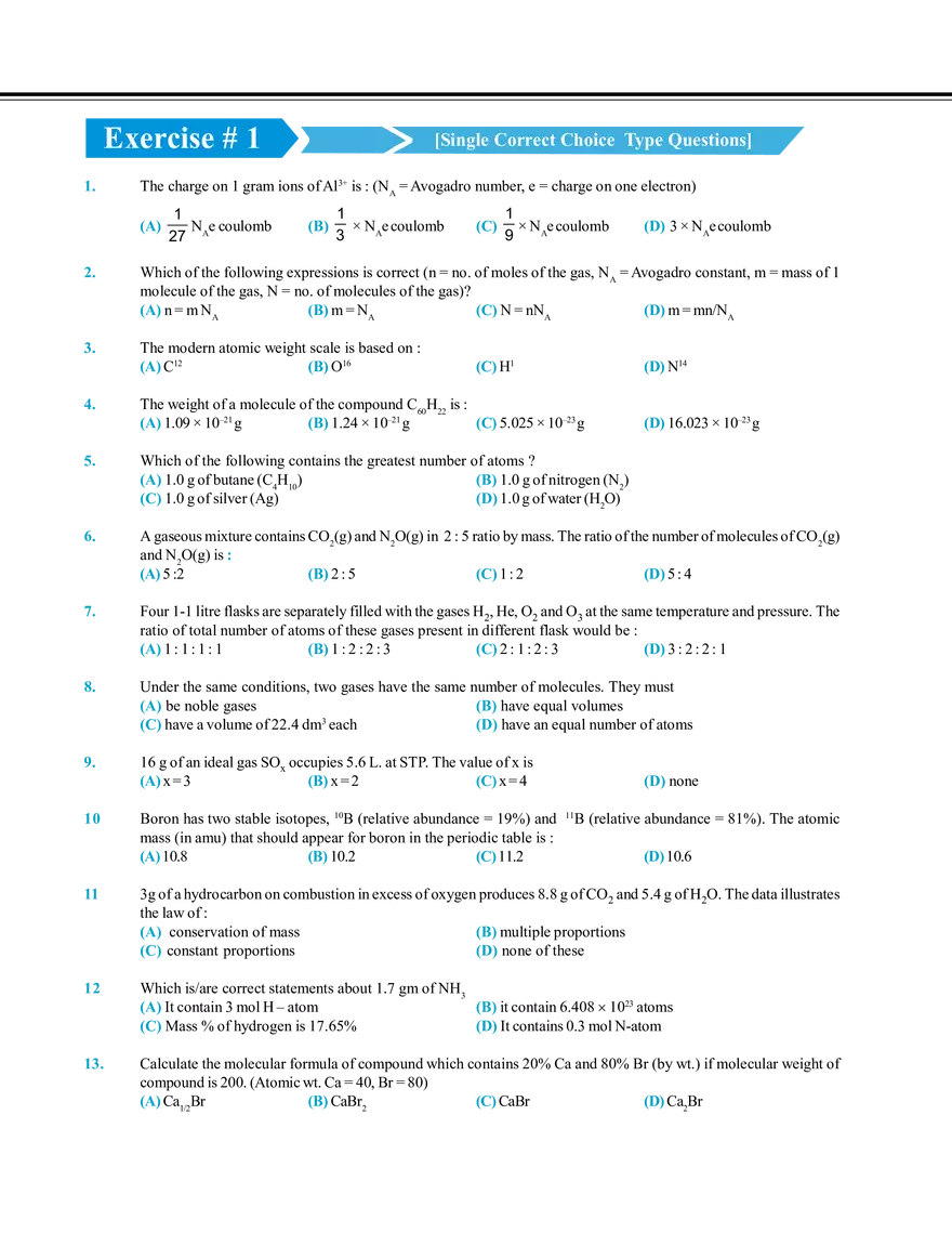 Mole Concept Exercise # 1 - Page 1