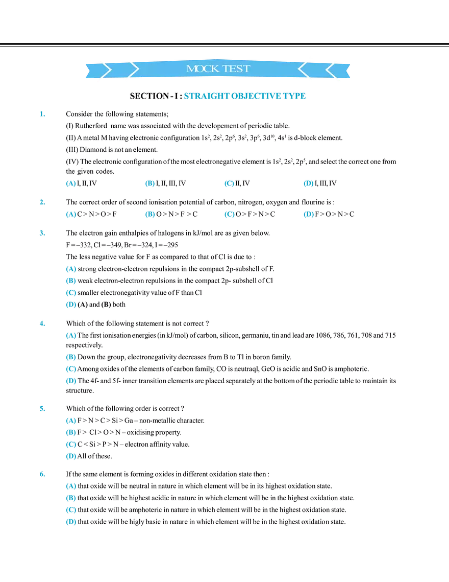 Periodic Table and Its Properties Mock Test - Page 1
