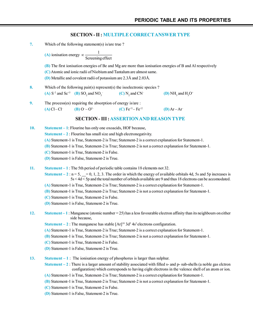Periodic Table and Its Properties Mock Test - Page 2