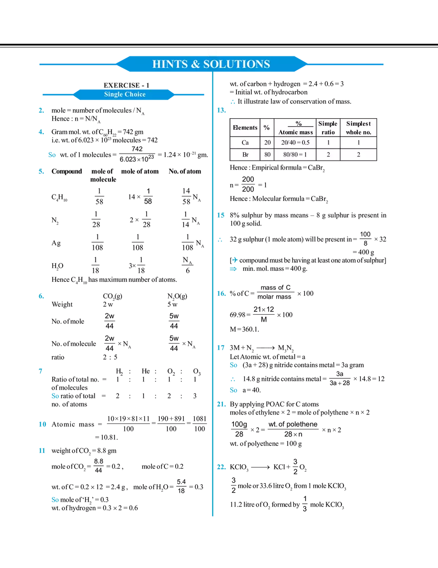 Mole Concept Hints & Solutions - Page 1