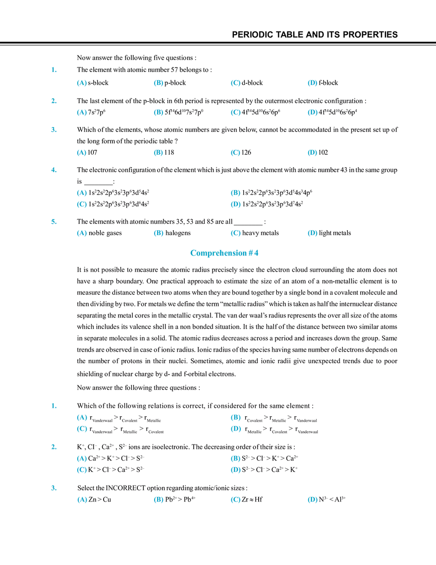 Periodic Table and Its Properties Exercise # 3 - Page 3