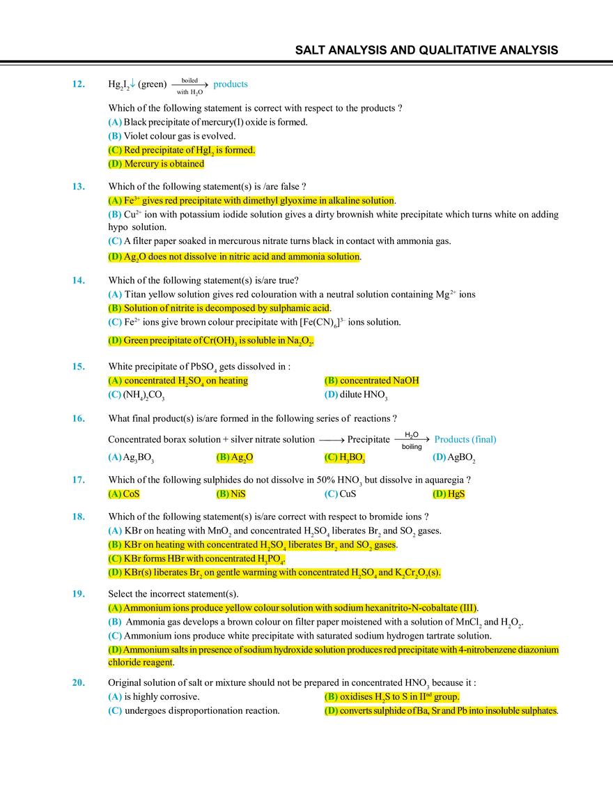 Salt Analysis and Qualitative Analysis  Exercise # 2 - Page 2