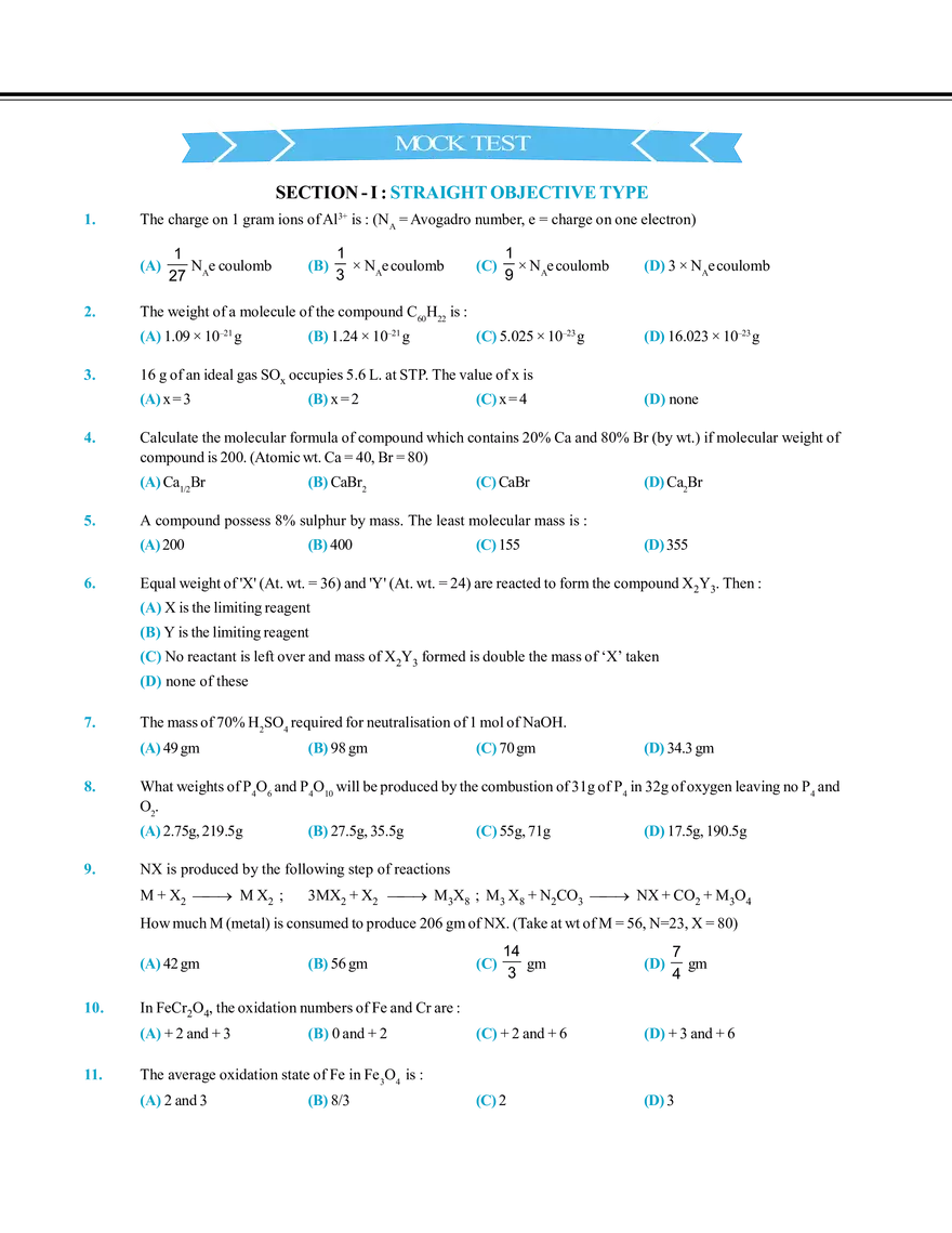 Mole Concept Exercise Mock Test - Page 1