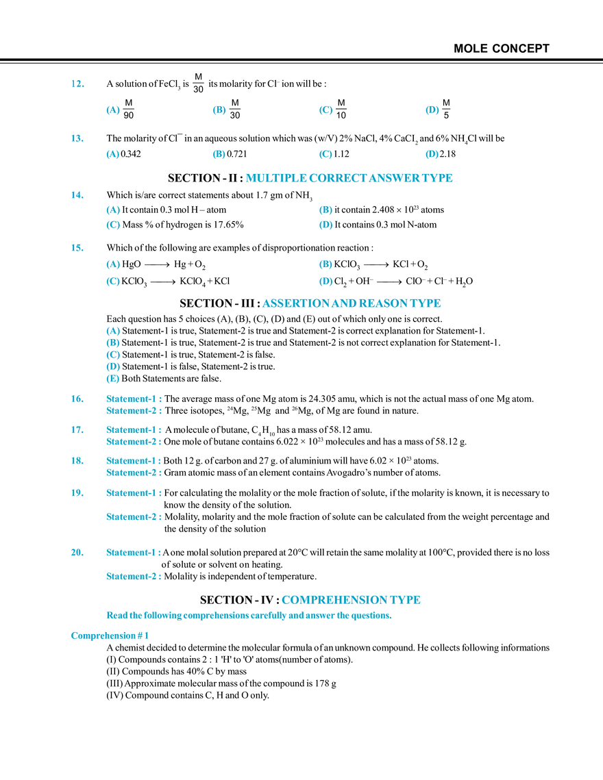 Mole Concept Exercise Mock Test - Page 2
