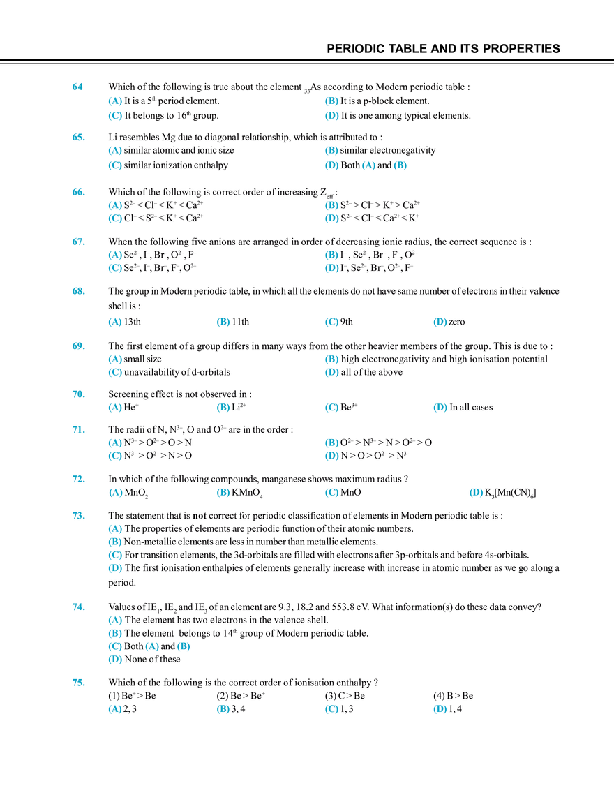 Periodic Table and Its Properties Exercise # 1 - Page 7