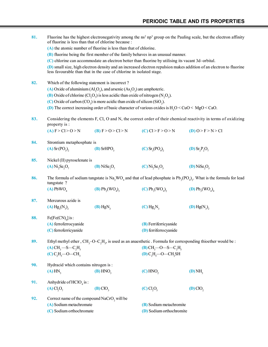 Periodic Table and Its Properties Exercise # 1 - Page 9