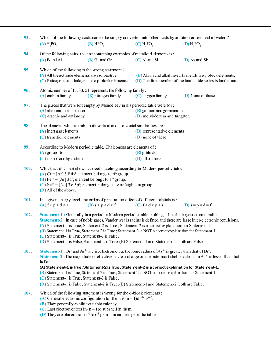 Periodic Table and Its Properties Exercise # 1 - Page 10