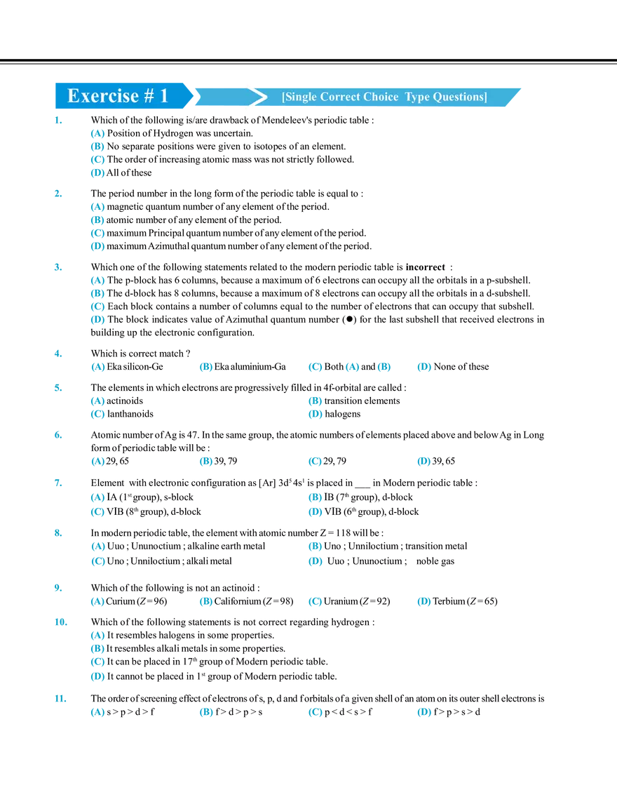 Periodic Table and Its Properties Exercise # 1 - Page 1