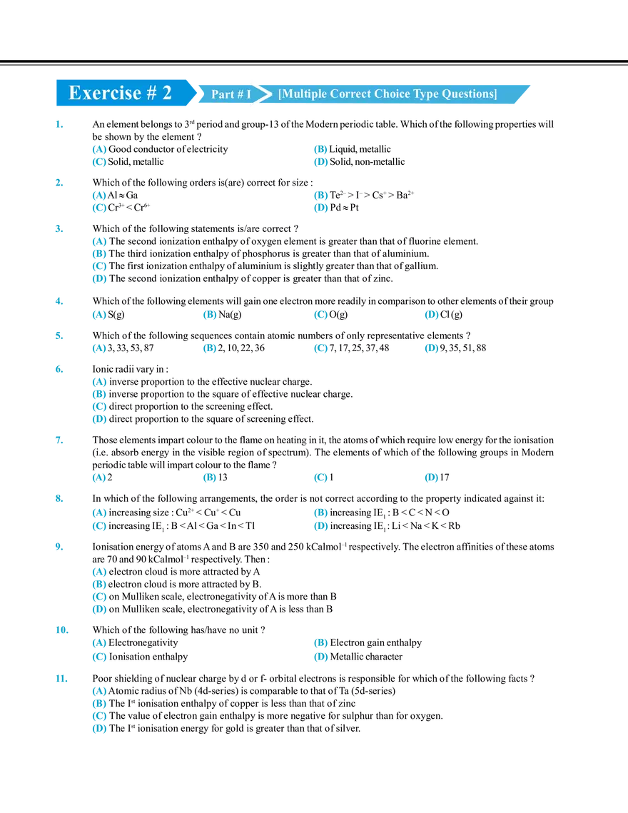 Periodic Table and Its Properties Exercise # 2 - Page 1