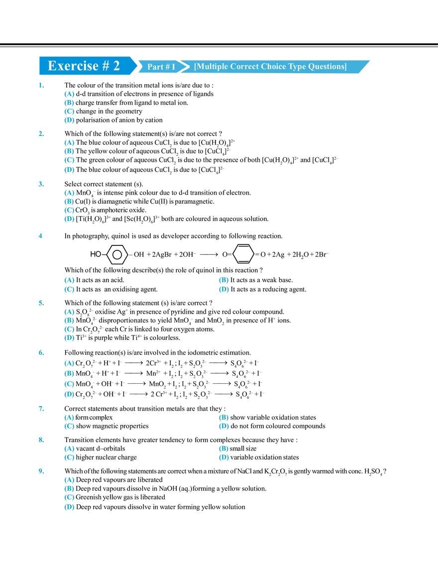 Transition Elements Exercise # 2 - Page 1