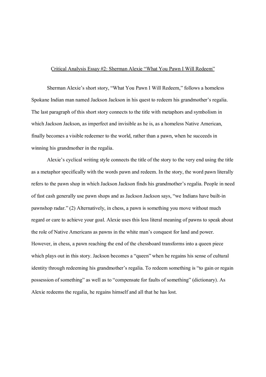 Critical Analysis Essay #2 Sherman Alexie What You Pawn I Will Redeem - Page 1