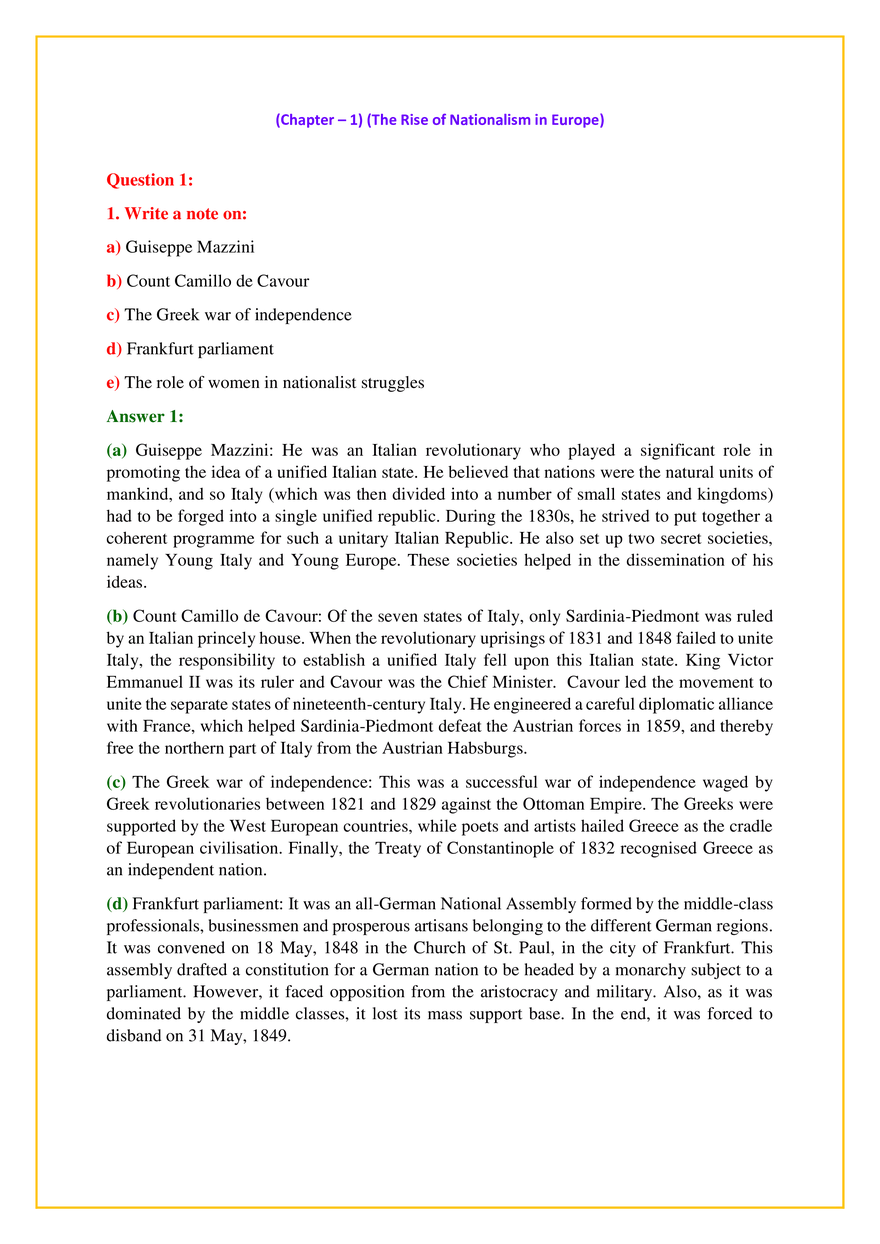 Chapter – 1 The Rise of Nationalism in Europe Answers - Page 1