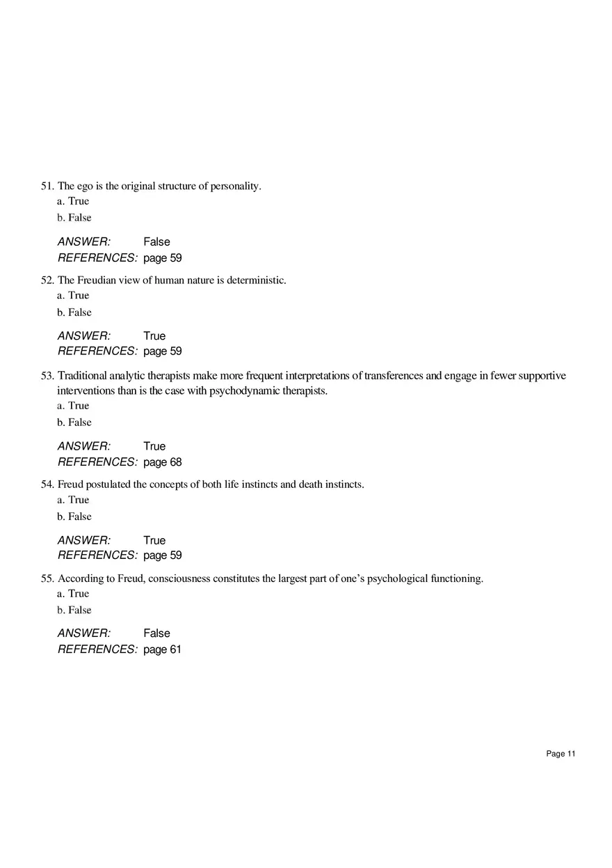Chapter 4 Psychoanalytic Therapy True False - Page 1