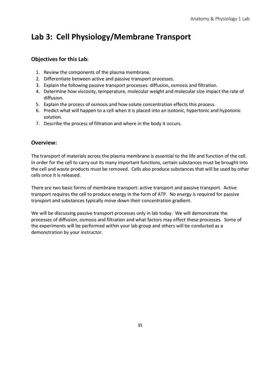 Lab 3 Cell Physiology Membrane Transport - Page 1