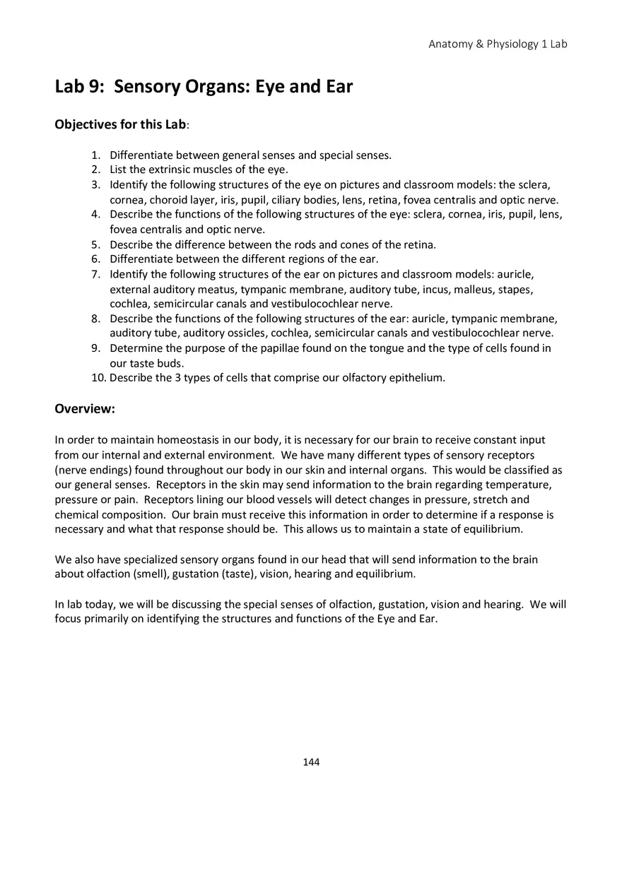 Lab 9 Sensory Organs Eye and Ear - Page 1