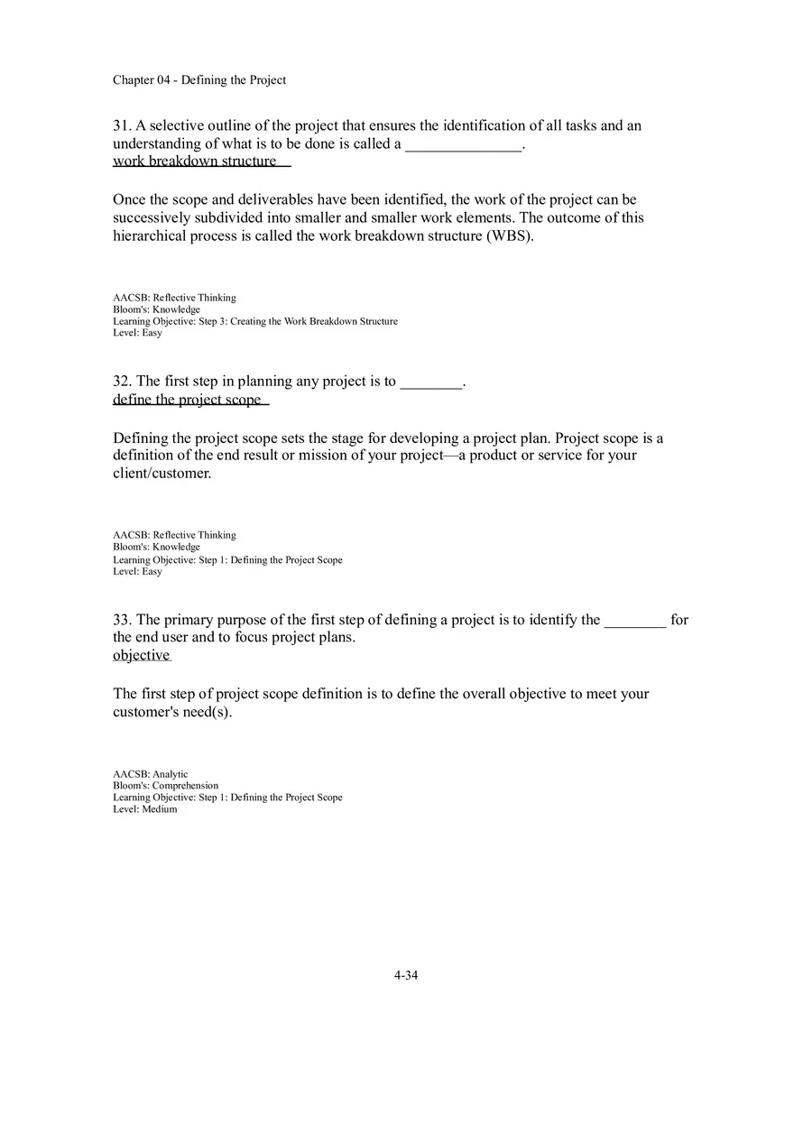 Chapter 04 Defining the Project Fill in the Blank - Page 1