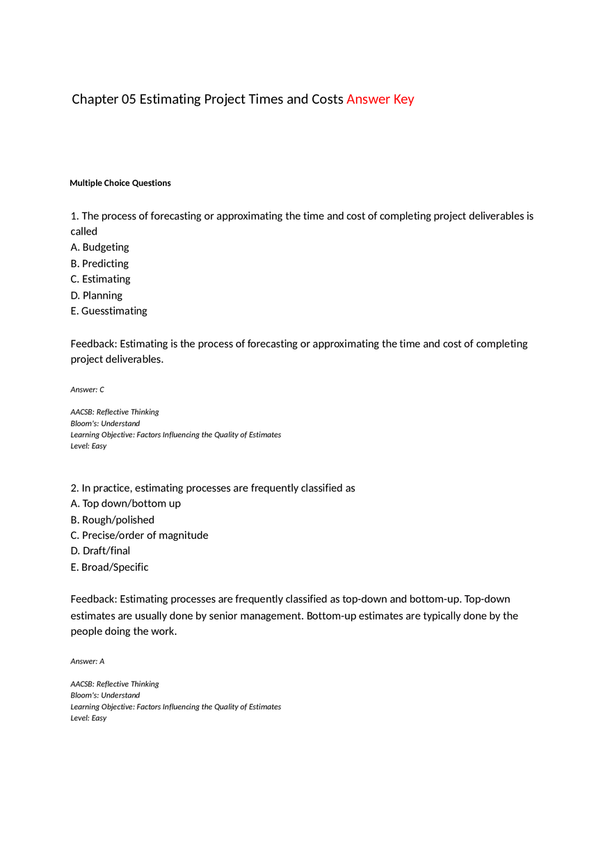 Chapter 05 Estimating Project Times and Costs Multiple Choice - Page 1