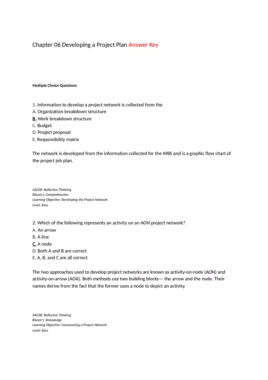 Chapter 06 Developing a Project Plan Multiple Choice - Page 1