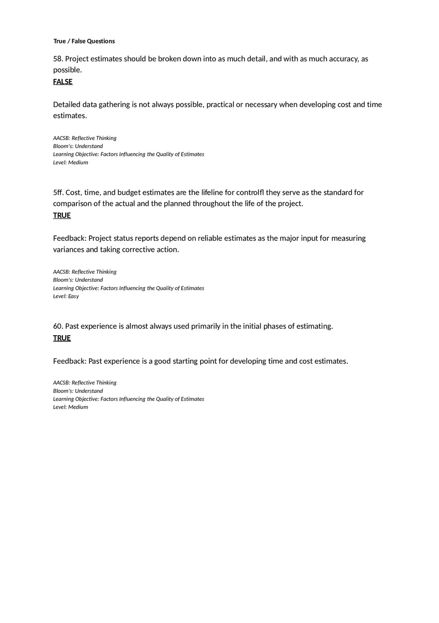 Chapter 05 Estimating Project Times and Costs True False - Page 1