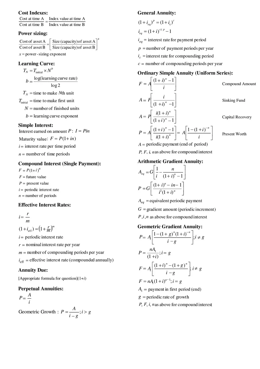 Engineering Economics Formula Sheet - Page 1