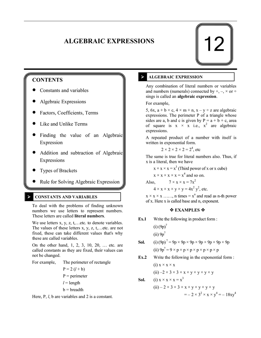Algebraic Expressions - Page 1