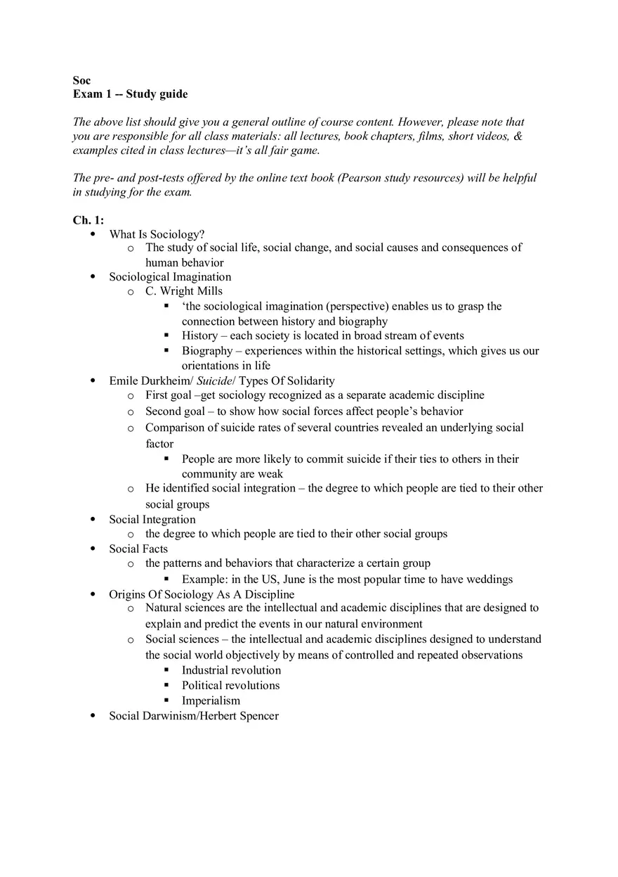 Sociology Exam 1 -- Study Guide - Page 1
