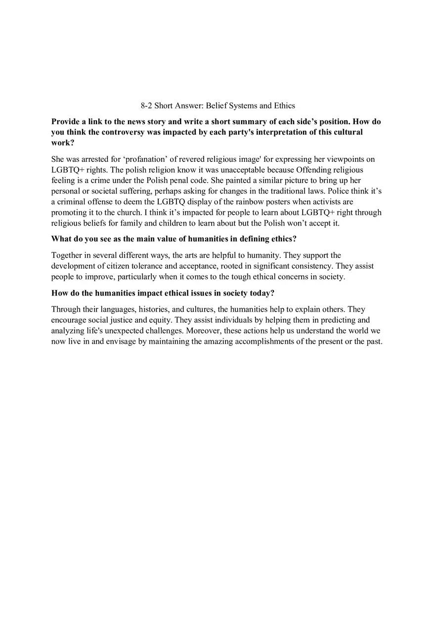 8-2 Short Answer Belief Systems and Ethics - Page 1