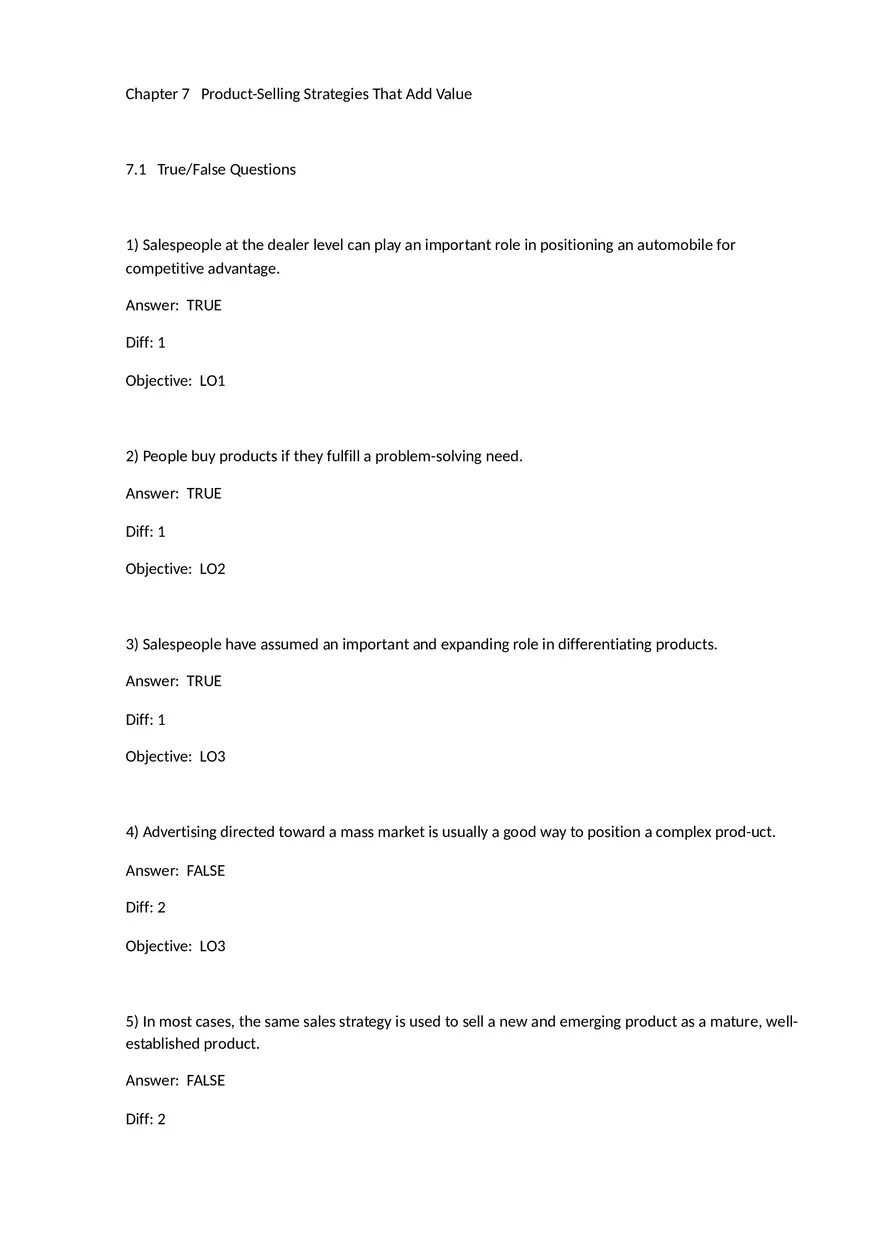 Chapter 7 Product-Selling Strategies That Add Value True False - Page 1