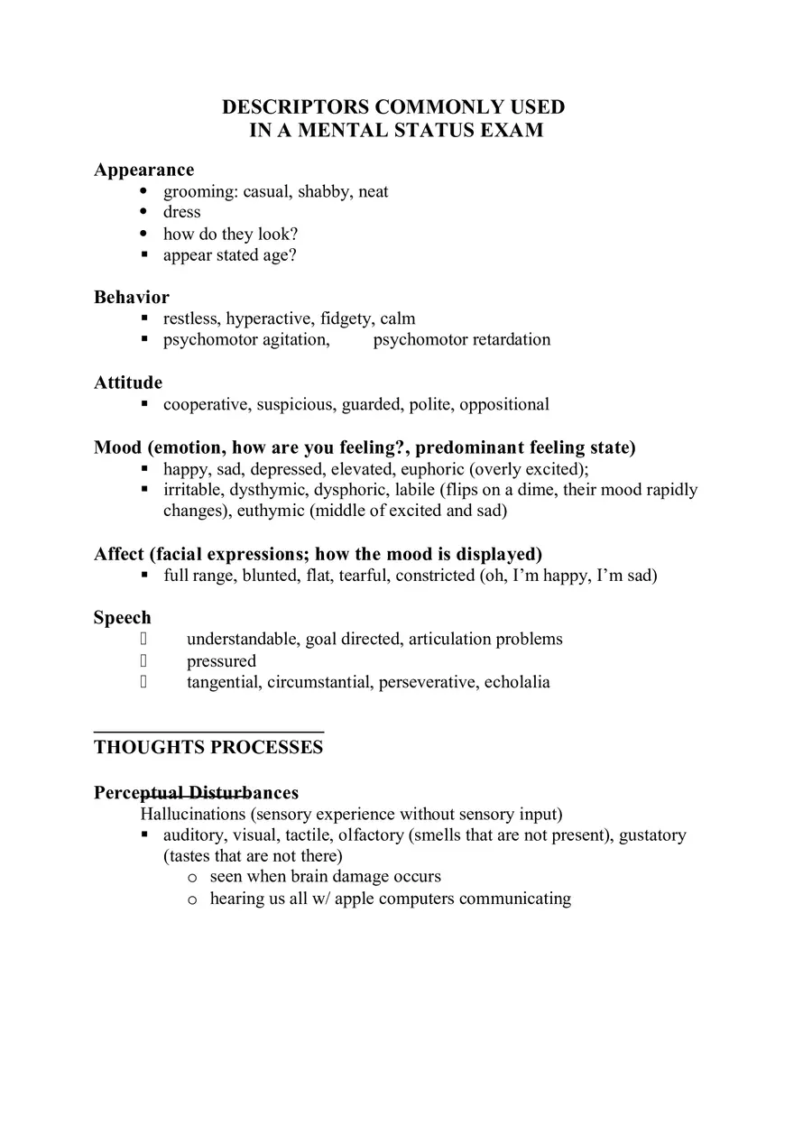 Descriptors Commonly Used in a Mentalstatus Exam - Page 1