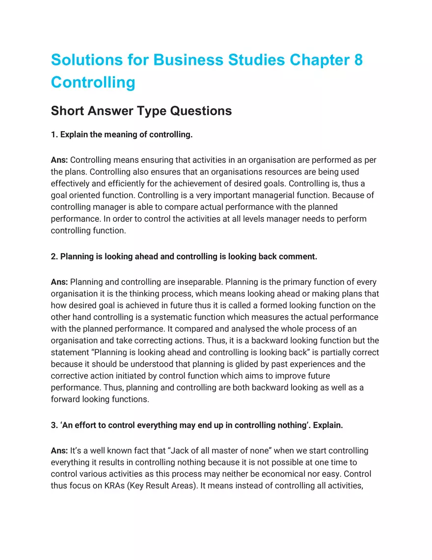 Solutions for Business Studies Chapter 8 Controlling Short Answer - Page 1