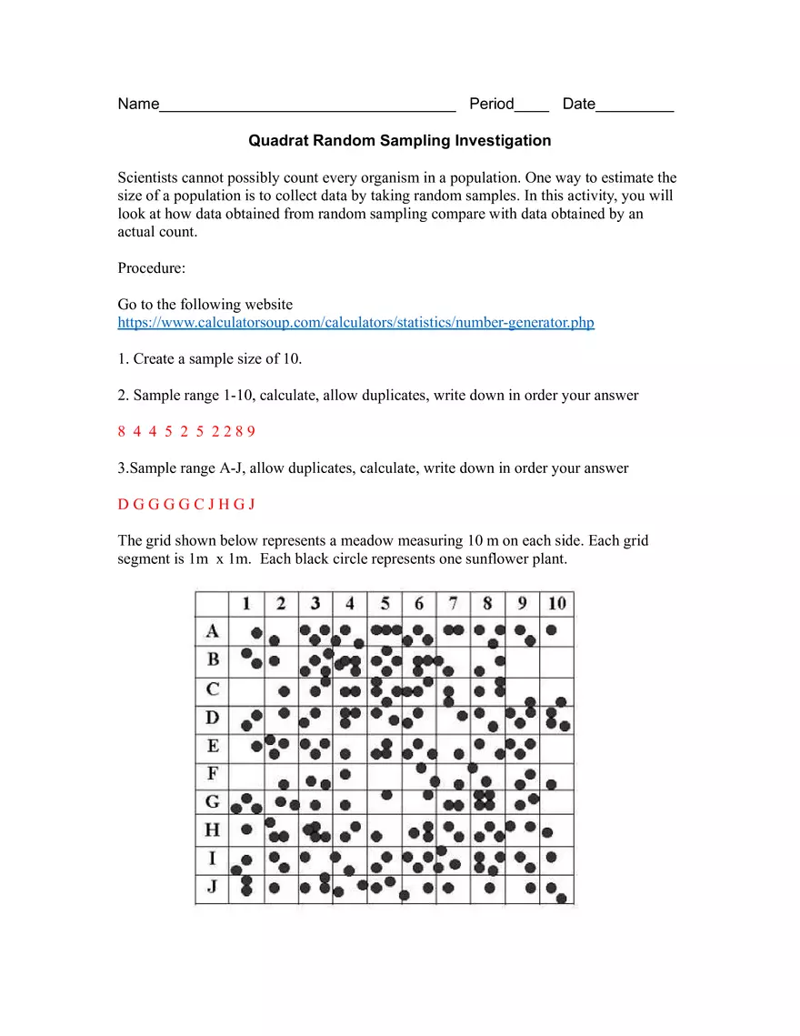Quadrat Random Sampling Investigation - Page 1