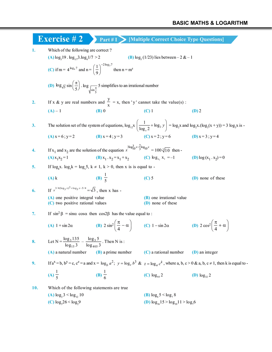 Basic Maths & Logarithm Exercise # 2 - Page 1