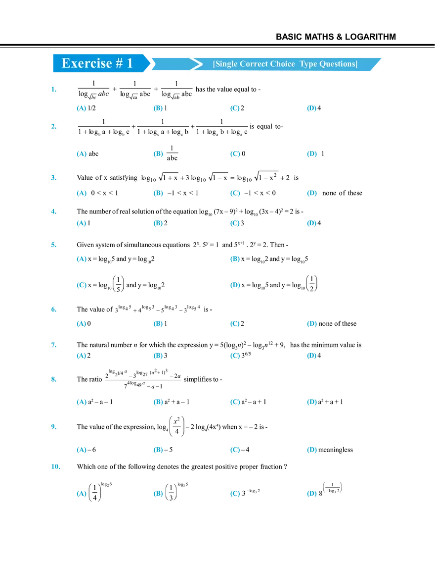 Basic Maths & Logarithm Exercise # 1 - Page 1