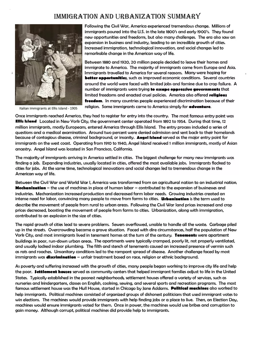 Immigration and Urbanization Summary with Answers - Page 1