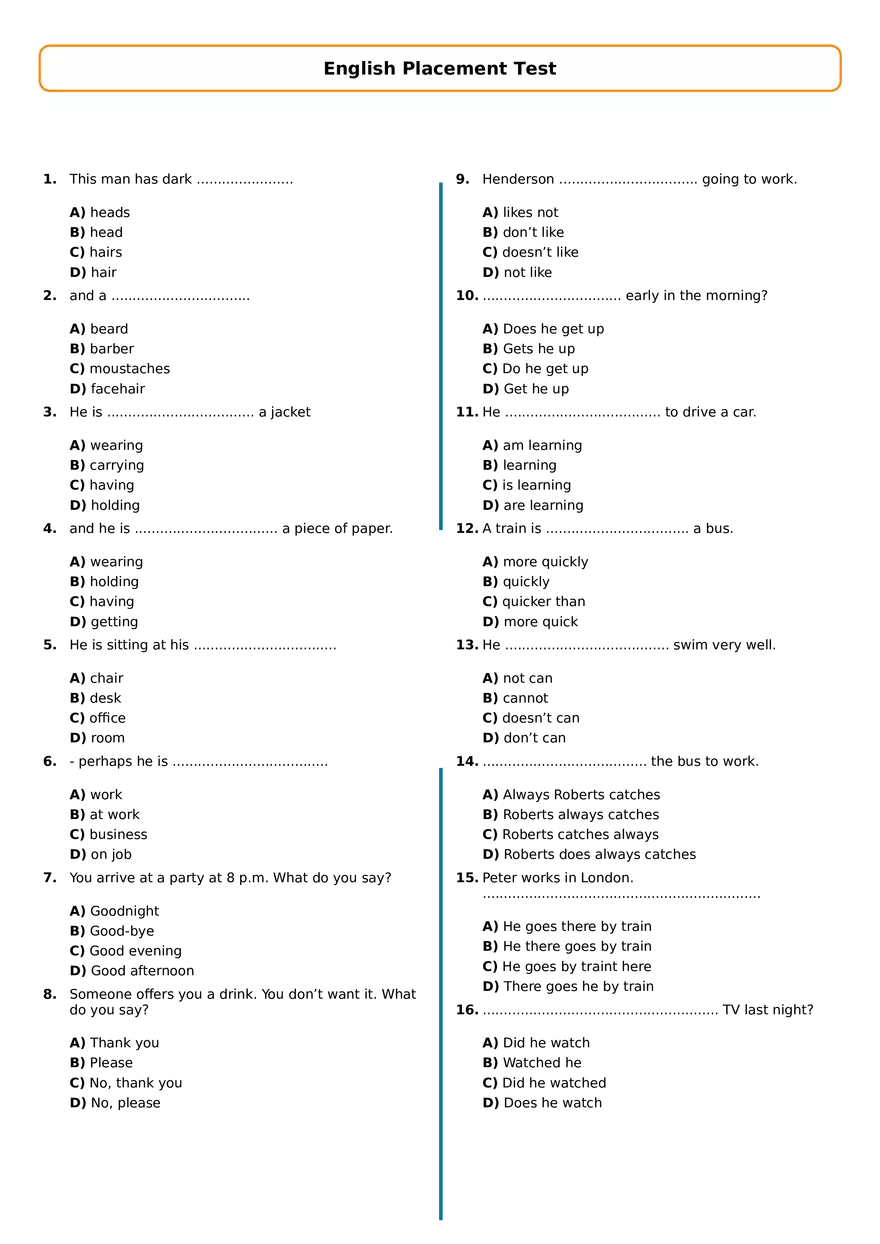 English Placement Test With Answers - Page 1