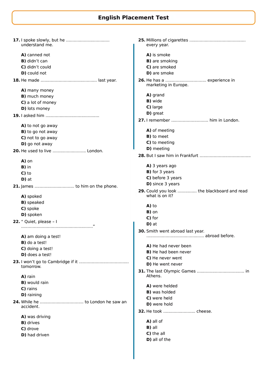 English Placement Test With Answers - Page 2