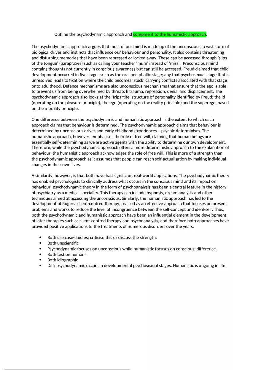Outline the Psychodynamic Approach and Compare it to the Humanistic Approach - Page 1