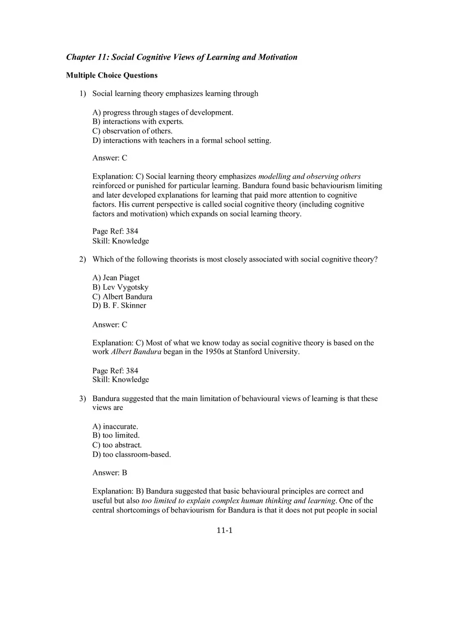 Chapter 11 Social Cognitive Views of Learning and Motivation Multiple Choice - Page 1