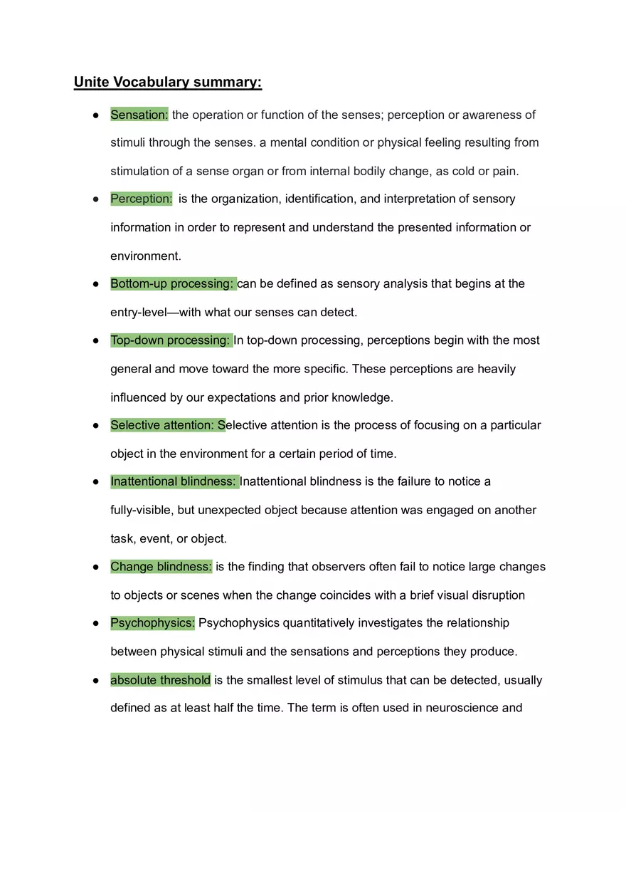 Psychology Unite Vocabulary Summary - Page 1