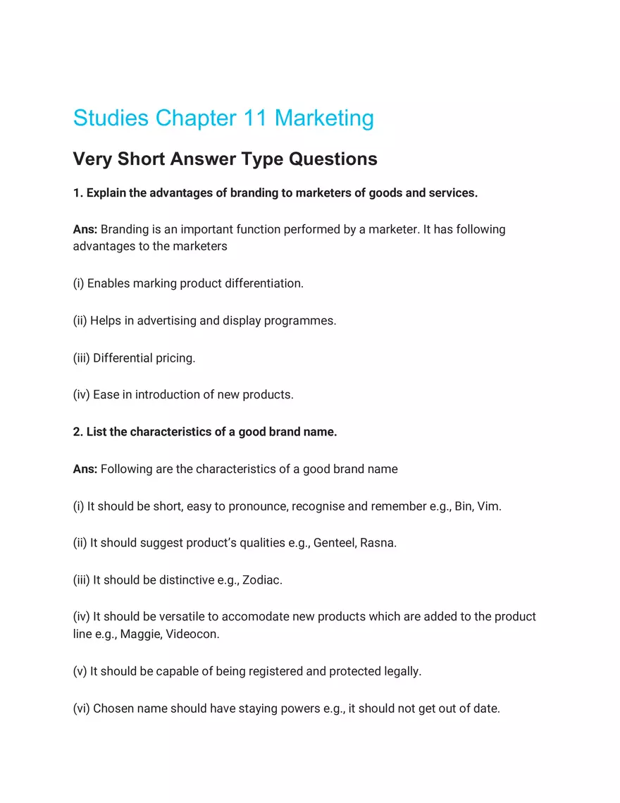 Marketing Very Short Answer Type Questions - Page 1
